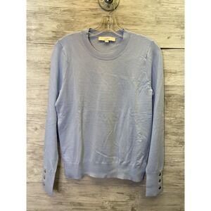 LOFT Sweater Womens M Blue Crewneck Pullover Lightweight Button Cuff Long Sleeve
